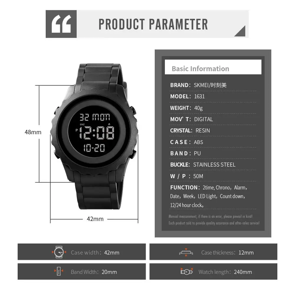 

SKMEI Outdoor Watch Men Chrono Cout Down Digital Wristwatches Mens Waterproof Mens Watches 12/24 Hour Clock reloj hombre 1631
