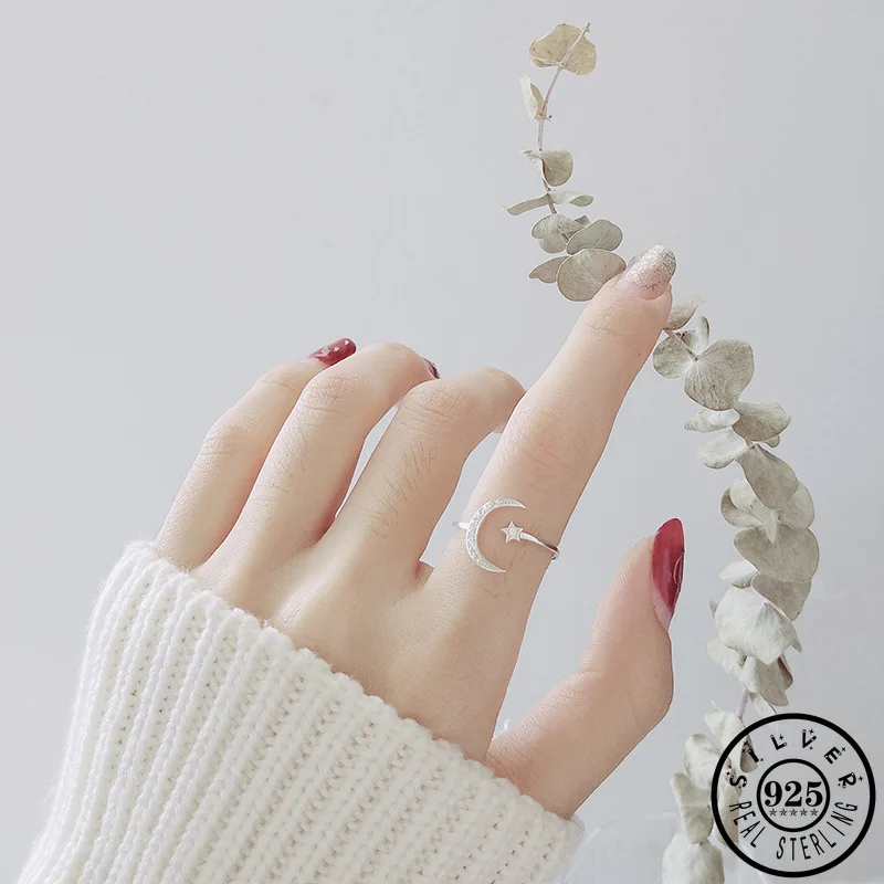 

925 Sterling Silver Star Moon Shape with Small Cubic Zircon Stone Adjustable Open Finger Knuckle Rings Fine Jewelry for Women