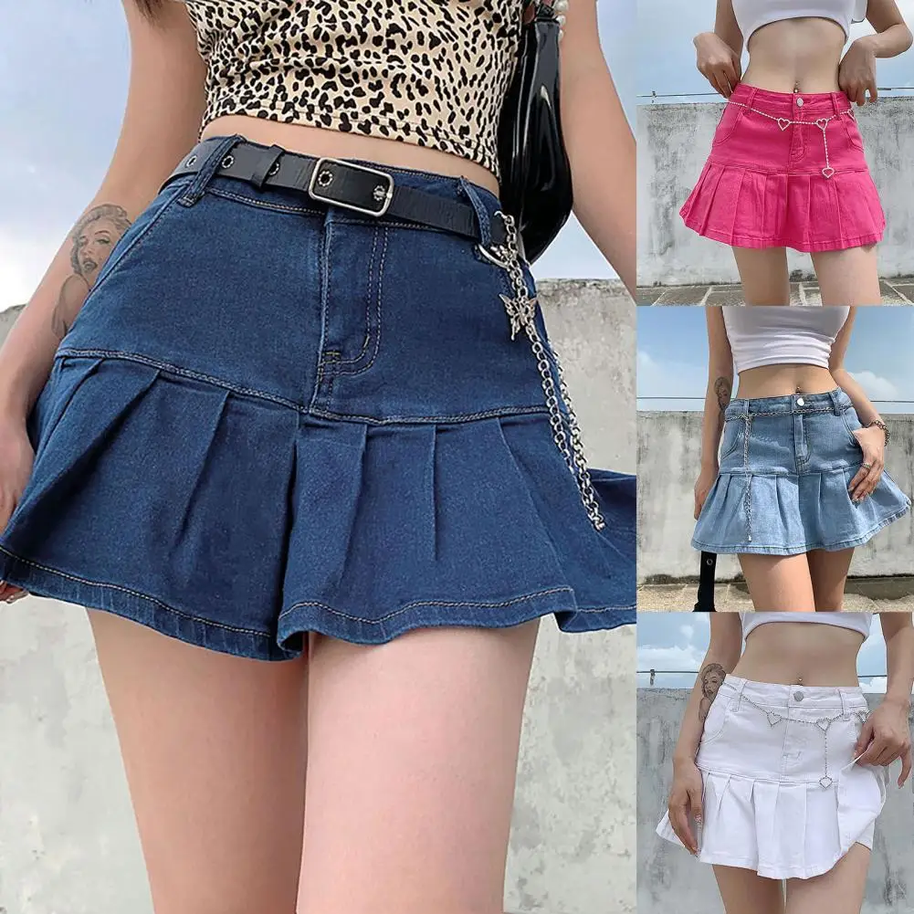 

Mini Skirt High Waist Pleated Denim Women Solid Color Stretchy A Line Skirt for Party