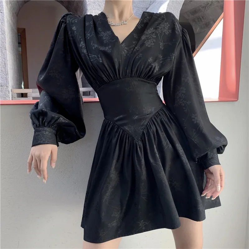 

Женское осеннее черное платье с V-образным вырезом и завышенной талией, шикарное праздвечерние чное платье-трапеция с пышными рукавами, 2021