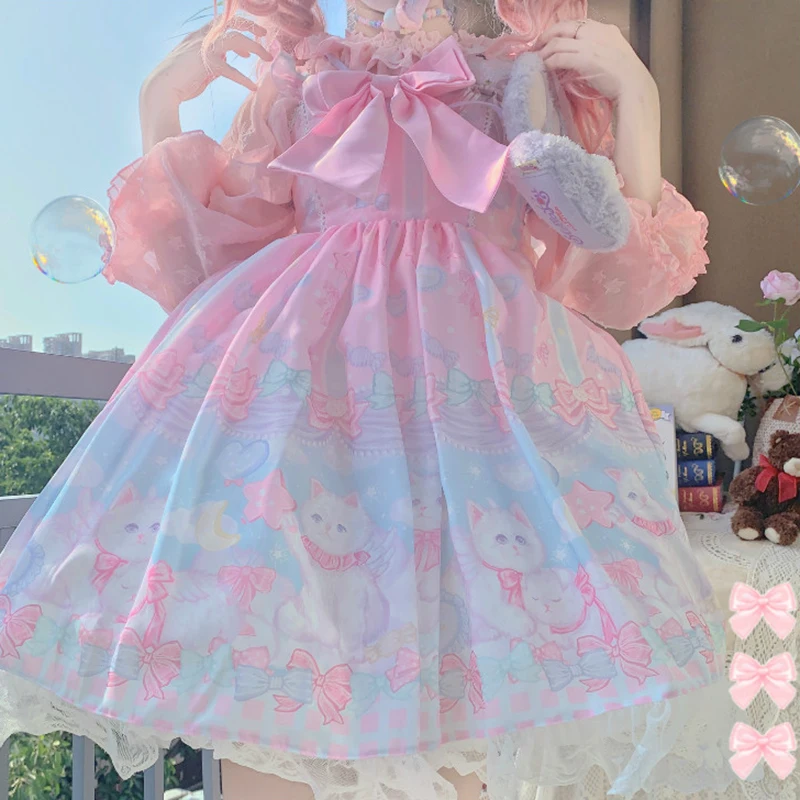 

Sannian Women Dress Japanese Sweet Bow Dreamcatcher Lolita Sleeveless Lace Suspender Dresses Women Clothes Summer