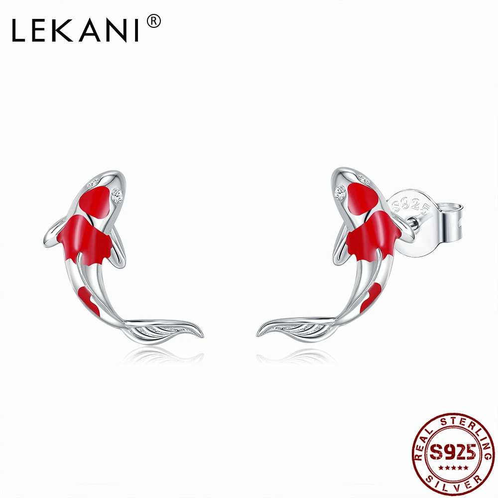 

LEKANI Cute Fish Red Enamel Stud Earrings for Women 925 Sterling Silver Lucky Koi Ear Studs Genuine Cubic Zirconia Fine Jewelry