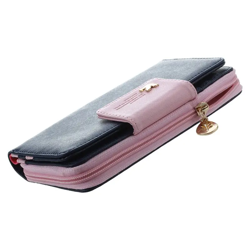 Женский клатч кошелек с длинной молнией из искусственной кожи розового и синего