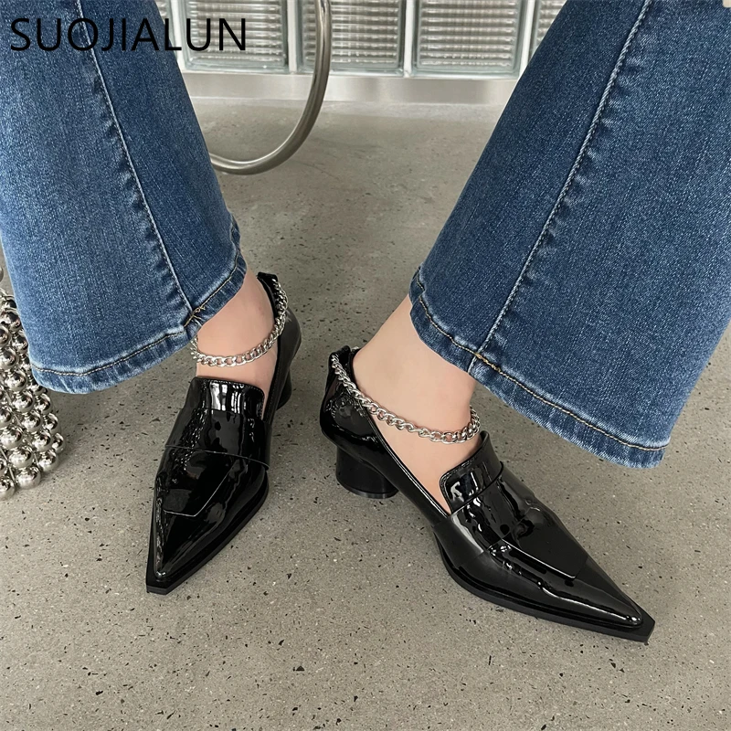 Туфли-лодочки женские SUOJIALUN на низком круглом каблуке с ремешком пятке острым