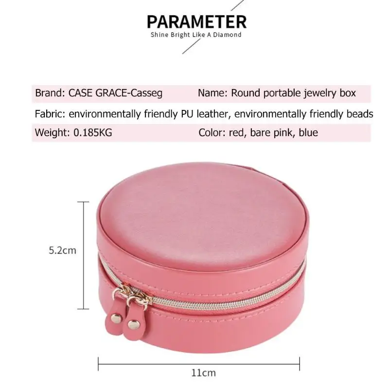 

Leather Zipper Jewelry Box Portable Round Display Organizer Bedroom Desktop Finishing Tool Multi-function Jewellery Travel Case