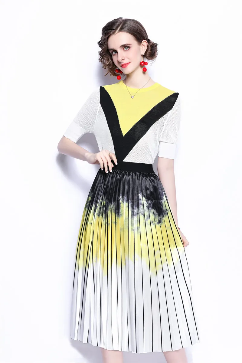 

Women Summer Designer Elegant Two Piece Set High Quality Female Contrast Color Knit Top + Fashion Tie-dyed Pleated Skirt Set