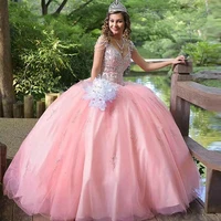 lovely pink quinceanera dresses 2020 v neck beading sweet 15 16 dress puffy skirt satin ball gown prom dress birthday party