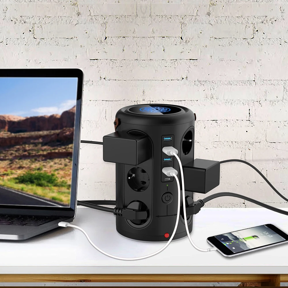 Tower Multi Power Strip Vertical EU Plug 12 Outlets Sockets with 4USB+1 TYPE-C Overload Protector Switch Multiple | Электроника