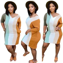 Casaul feminino cor retalhos vestido com bolso manga cheia festa noite clubwear vestidos para mulher (1)