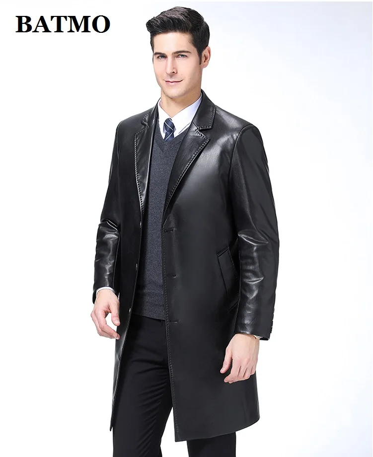 

BATMO 2020 new arrival spring high quality faux leather jackets men,men's leather long trench coat,8877