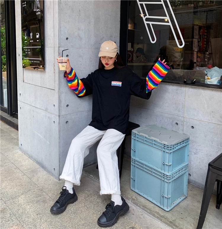 Harajuku футболка женская осенняя одежда корейский стиль полосатый лоскутный рукав футболки женские повседневные футболки Топ