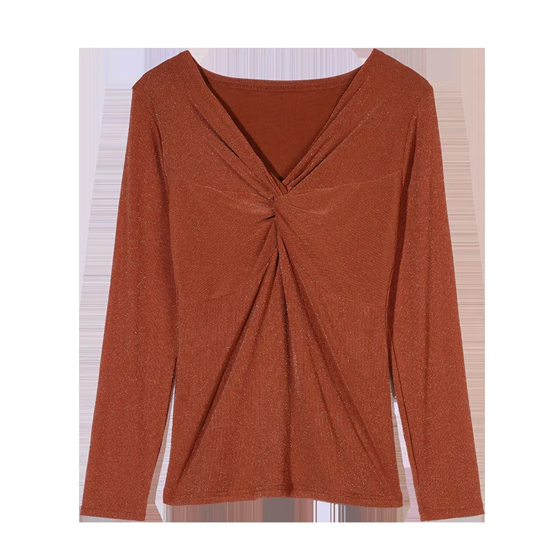 

2021 Spring New V-neck Bright Silk-neck Lace Bottoming Shirt for Women with Black Mesh Long-sleeved T-shirt Slim Top Small Shirt