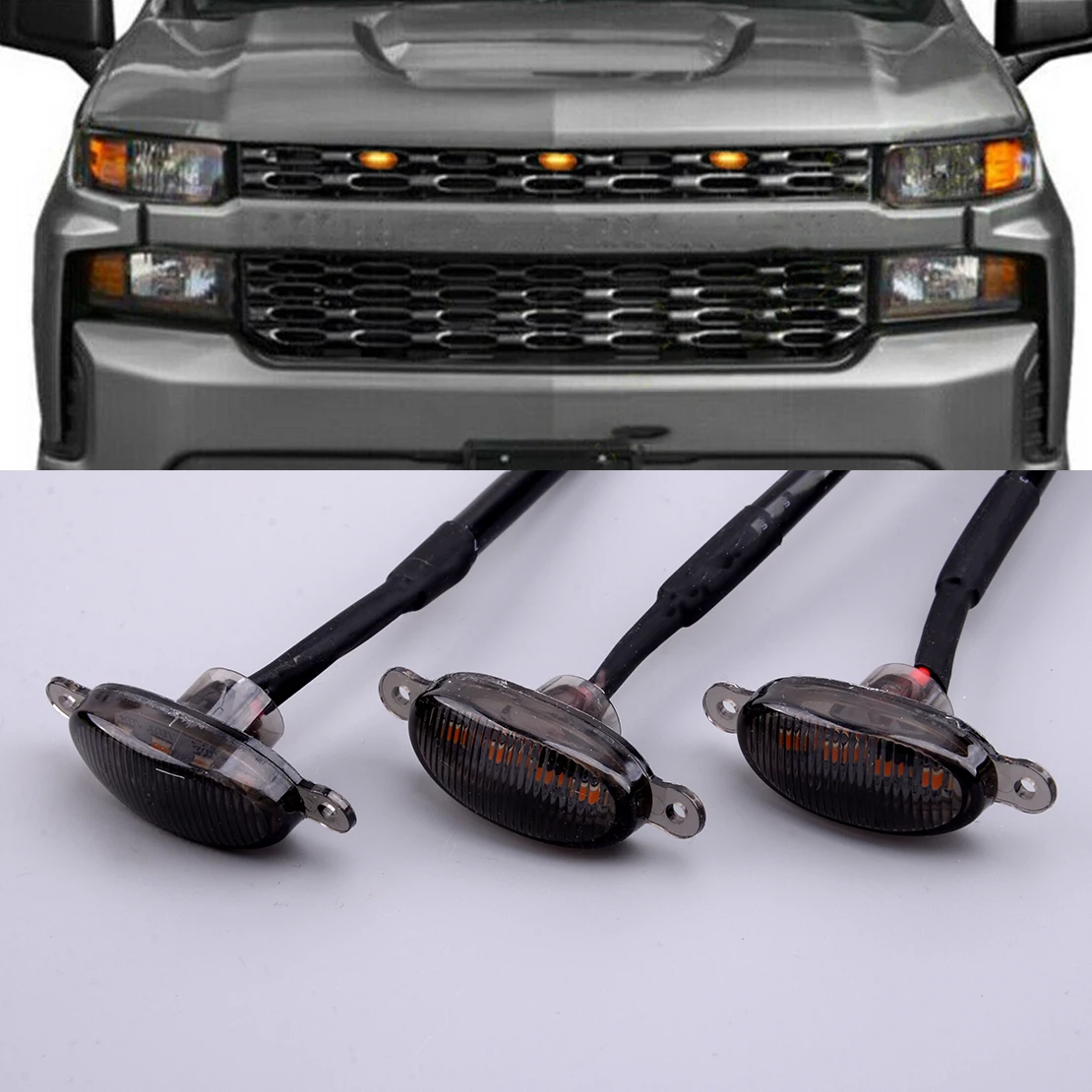 3Pcs Car Front Grille LED Light Grill Trim Smoked Lens Fit For Chevrolet Silverado 1500 2016 2017 2018 2019 2021