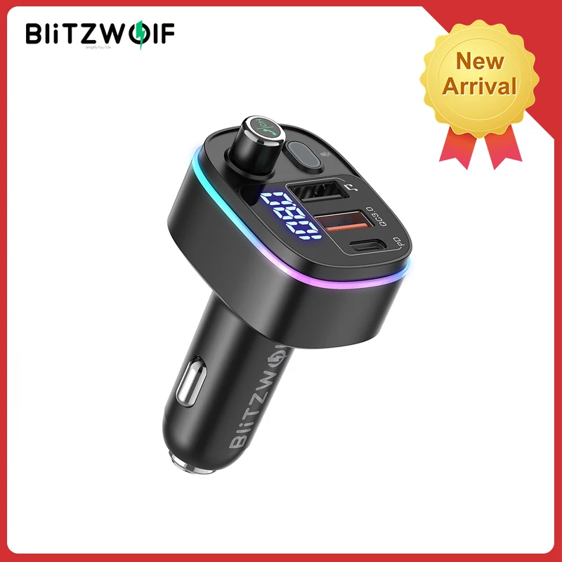 

BlitzWolf BW-BC2 bluetooth V5.0 FM Transmitter 18W PD QC3.0 USB Car Charger RGB Light LED Digital Display Wireless Radio Adapter