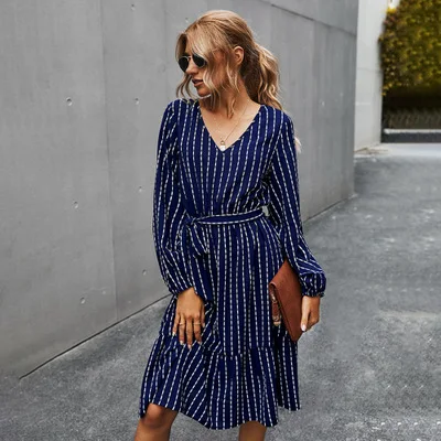 

Boho Party Dress Woman's Striped Geometric Print Vintage Harajuku Dress Sashes Elegant Office Lady Autumn Winter Dress Vestidos