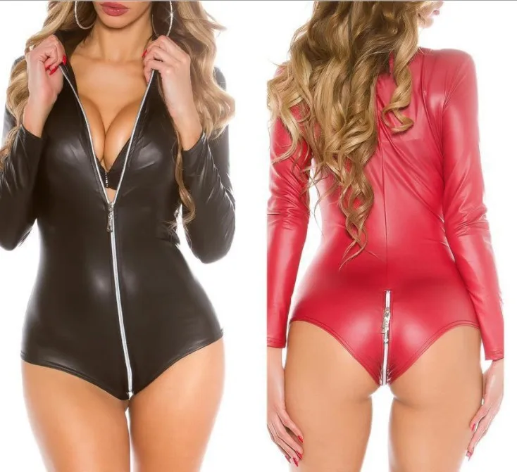 

European and American sexy underwear large size patent leather one-piece leather open crotch and exposed chest motorcycle suit