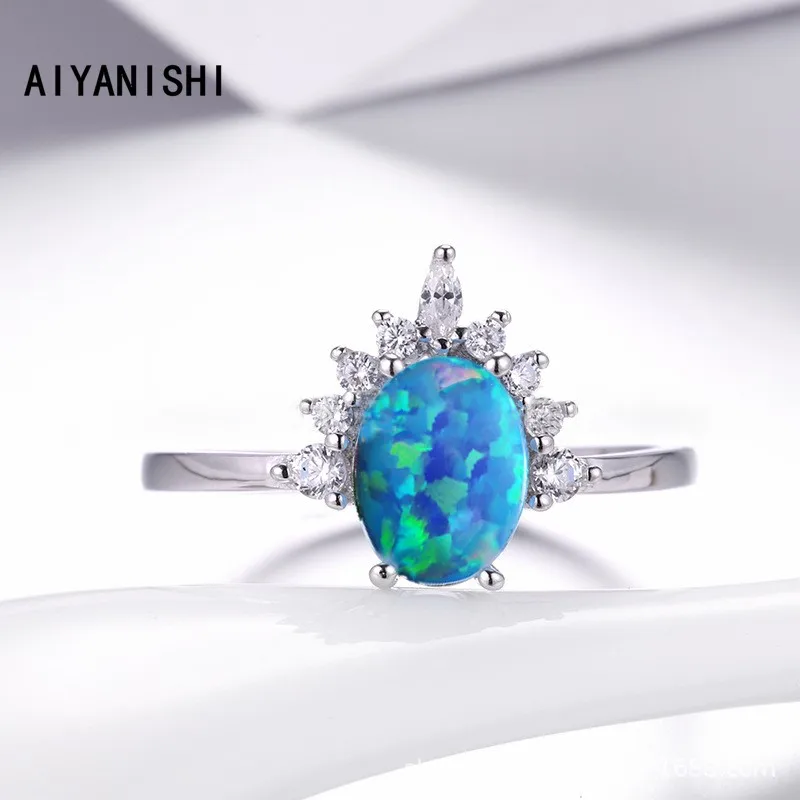 

AIYANISHI Vintage 925 Sterling Unique Ring Classic Wedding Round Blue Opal Ring Silver Jewelry For Women Wedding Christmas Gifts