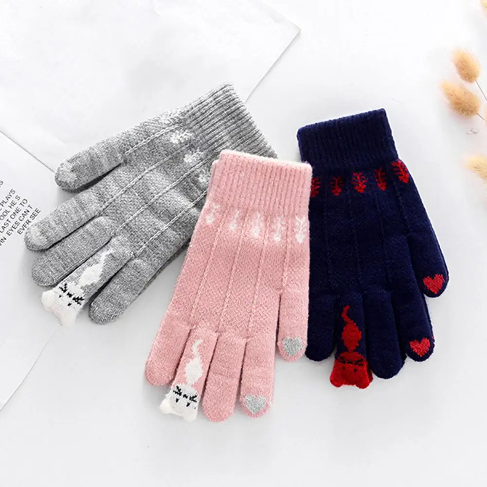 

Теплые зимние вязаные перчатки с пальцами для экрана, варежки, женские милые Мультяшные перчатки с кошками, раньше перчатки