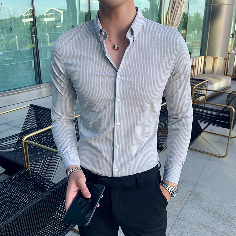 Высококачественная эластичная Мужская рубашка с длинным рукавом брендовая
