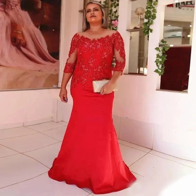 

Mermaid Long Red Mother of the Bride Dresses 3/4 Long Sleeve Sequined Lace Wedding Party Formal Gown Evening Dress Groom Mother