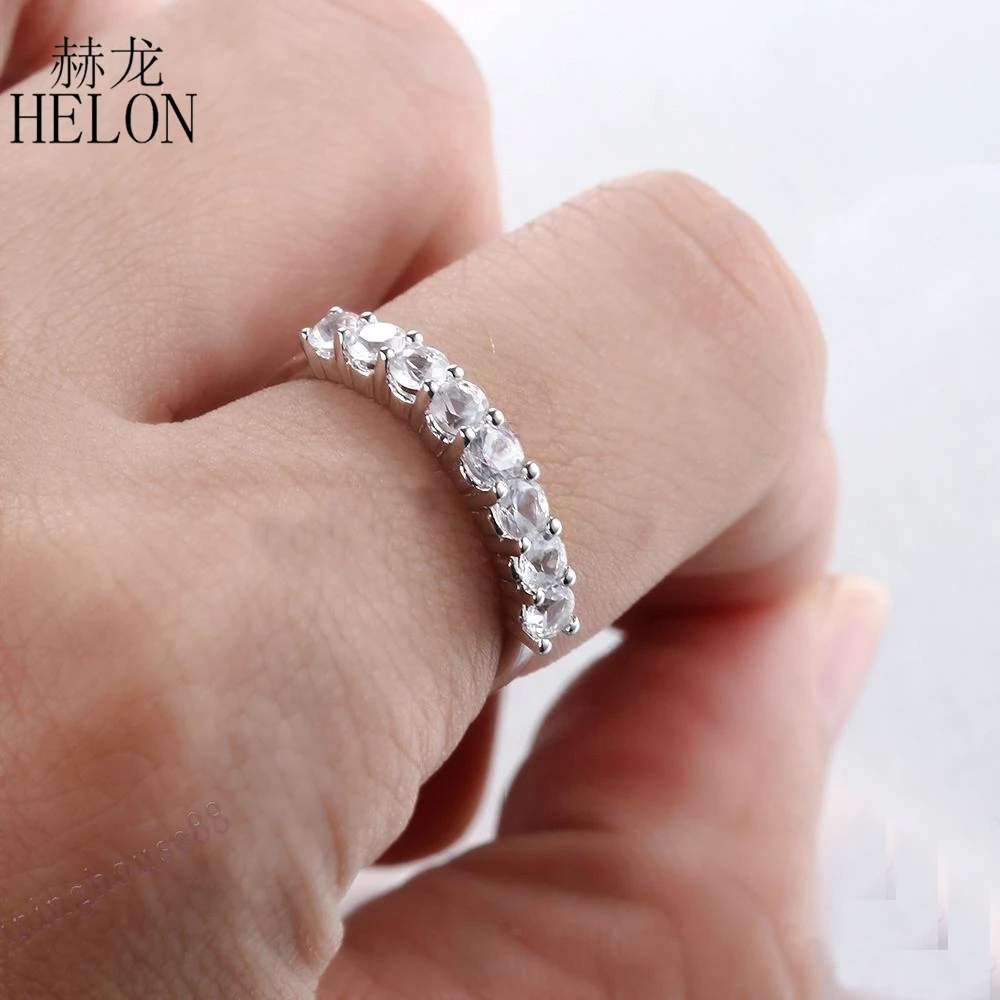 

HELON Solid 10K White Gold Eternity Round 100% Genuine Natural White Topaz Engagement Wedding Band Prong Setting Women Jewelry