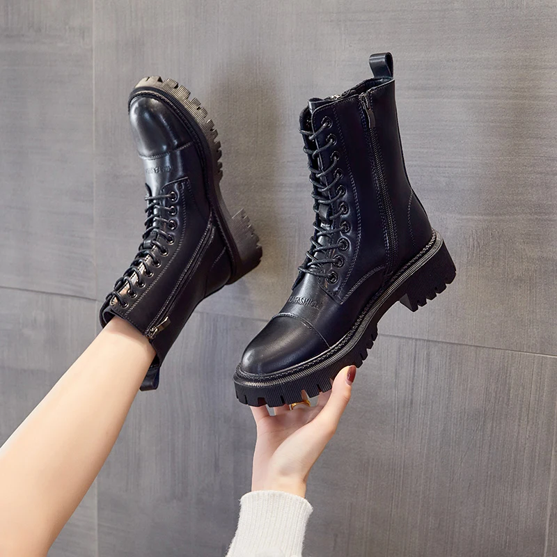 

2021 New Fashion Women Boots Genuine Leather Shoes For Women Mid-Calf High Heels Boots Women Shoes Spring Autumn Ladies Botas