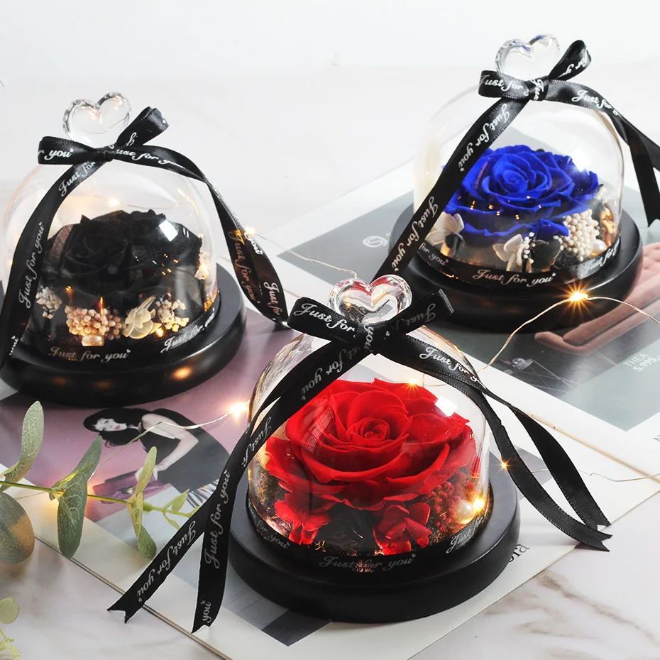 

Preserved Real Rose In Flask LED Glass Dome Wedding Home Decor Dried flowers Beauty and The Beast Valentines Mother's Day Gift