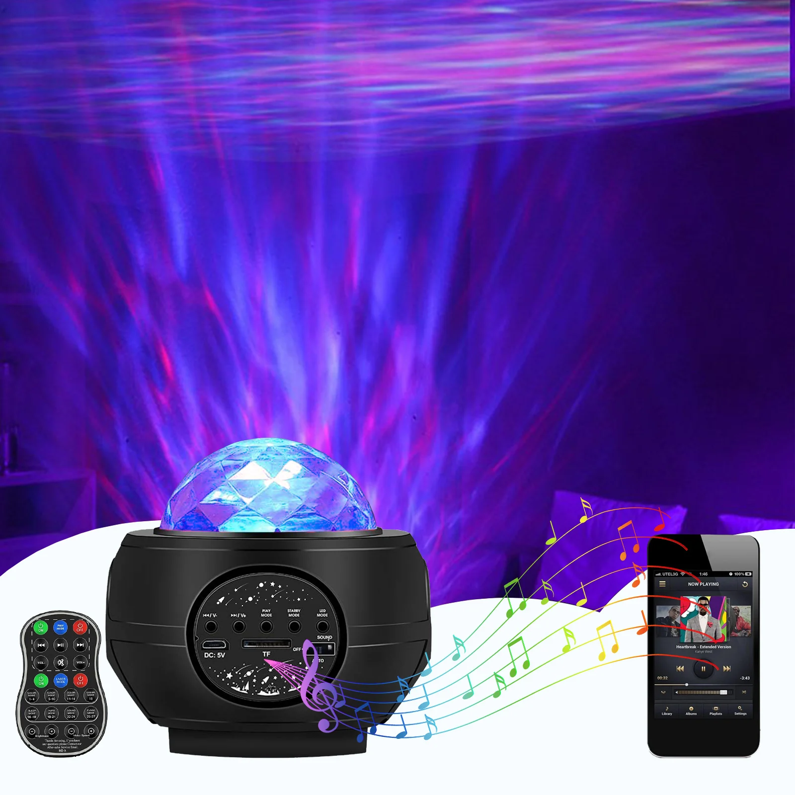

Star Projector Night Light LED Starry Sky Ocean Wave Bluetooth Remote Control Bedside Sleeping Lamp for Kids Bedroom Ceiling