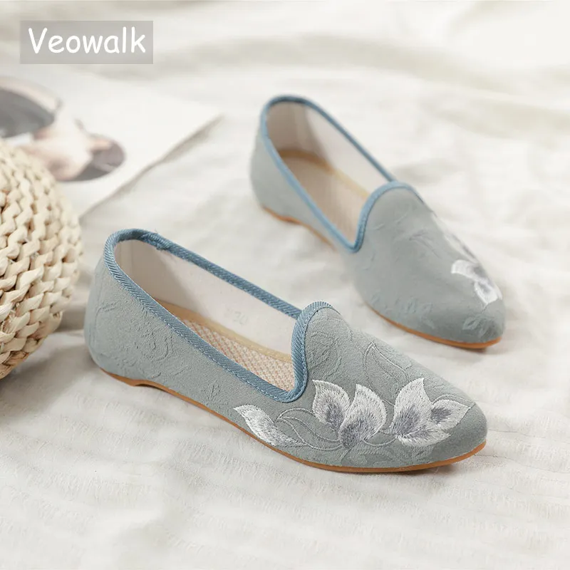 Veowalk/Винтажные женские туфли на плоской подошве с вышивкой в виде лотоса Удобные