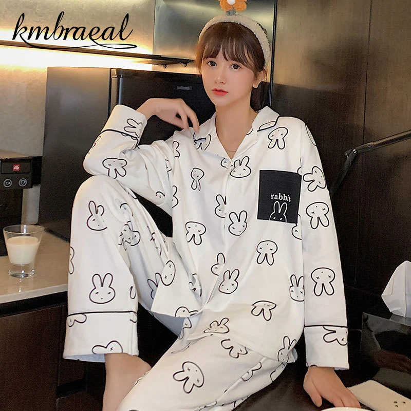 

Новые пижамы для женщин, хлопковые осенние брюки с длинным рукавом, домашняя одежда из 2 предметов, удобная одежда для сна с мультяшным Кроли...