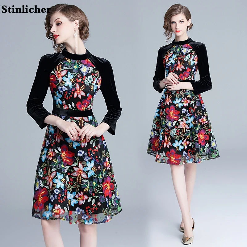 

Autumn Winter Flower Embroidery Gold Velvet Dress Women Elegant Long-Sleeved Mesh Party Dress Ladies Fashion Midi Dress Vestidos