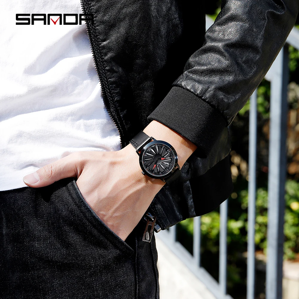 Часы наручные SANDA Wheel мужские с кожаным ремешком брендовые Роскошные