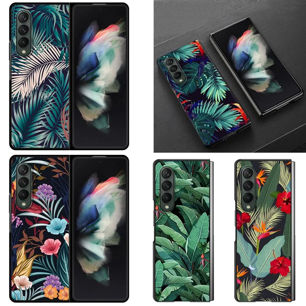 

Phone Case For Samsung Galaxy Z Fold3 5G Capa Folding Ultra Thin Shockproof PC Black Hard Cover Leaf Flower Vintage Banana