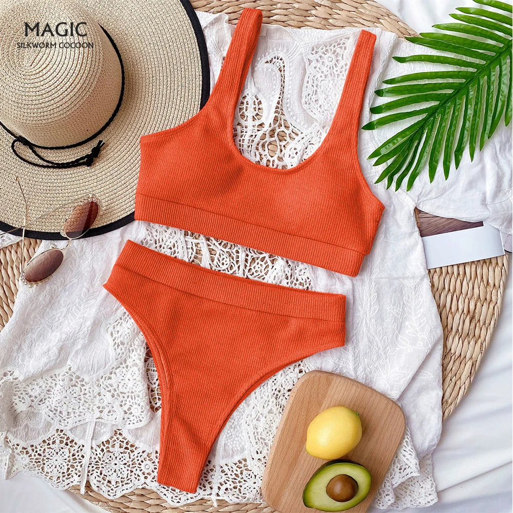 Новый высококачественный вязаный комплект бикини с высокой талией купальный