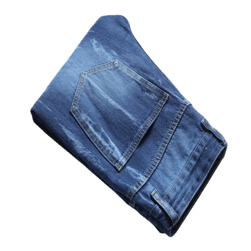 

2021 Men's Ripped Straight Washed Denim Trousers Youth Decorative Flower Blue Casual Jeans