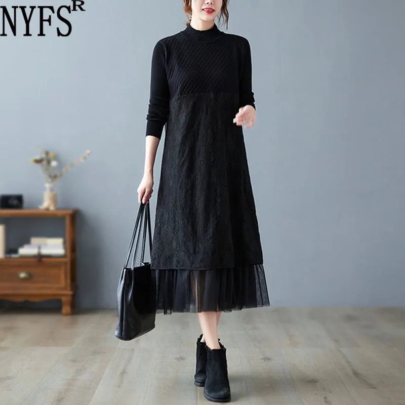

NYFS 2021 Autumn New Korean knitting Stitching Embroidery Lace Net Yarn Woman Dress Vestidos Robe Elbise Casual Long Dress