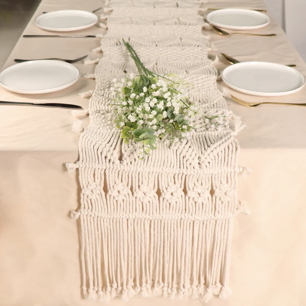 

12X71IN MACRAME TABLE RUNNER WITH TASSELS BOHO DECORATION RUSTIC WEDDING TABLE DECOR VINTAGE FARMHOUSE DINING ROOM STYLE