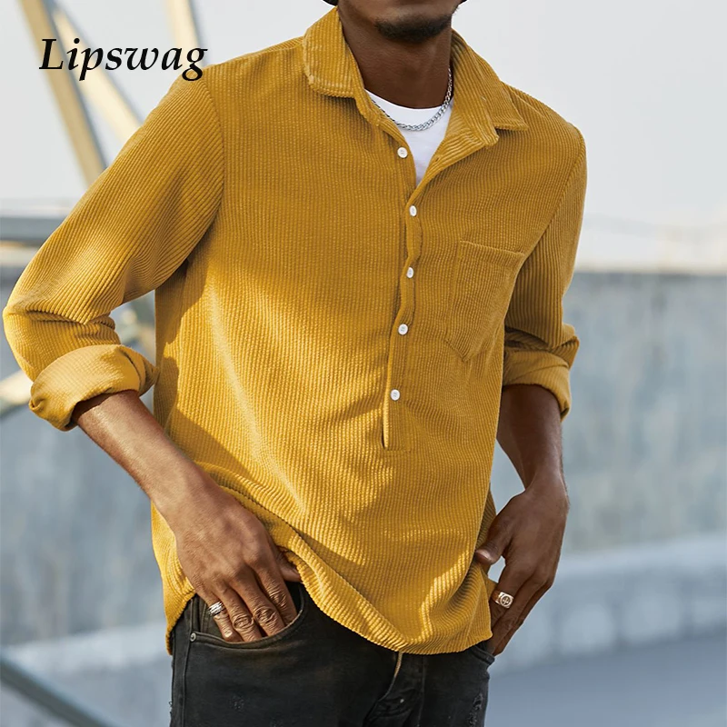 

Men's Corduroy Long Sleeve Shirts New Casual Button Turn-down Collar Jacket Shirts Clothing Autumn Warm Fashion Oversize TShirt