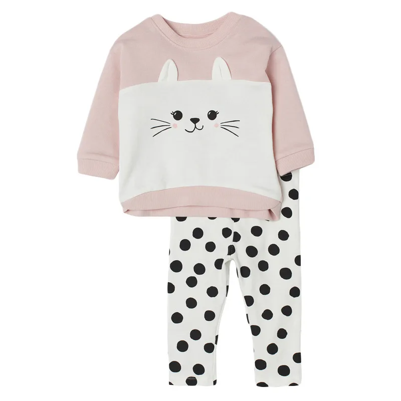 

Одежда для маленьких девочек Новинка 2021 года, осенняя Повседневная хлопковая брендовая рубашка серого цвета с котом для малышей + штаны в го...