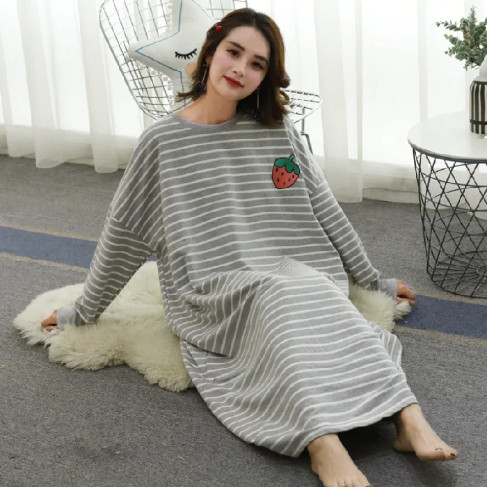 

Spring Summer Nightdress Women's Long-sleeved Striped Pajamas for Women Plus Size Nightgowns Peignoirs Free Shipping