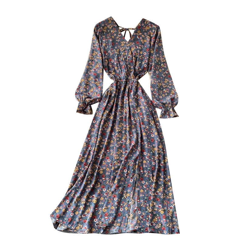 

2021 French Spring Summer Women's Floral Chiffon Dress Femme Robe Long Sleeve Fashion Sexy V-Neck Vintage Dress Korean Clothing