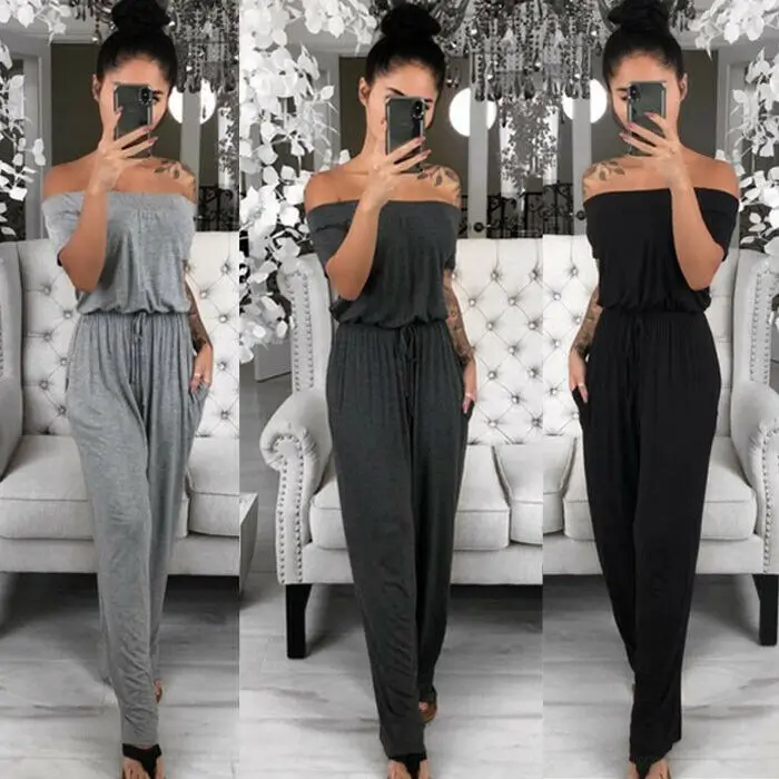 Комбинезон женский с открытыми плечами модный однотонный хлопковый