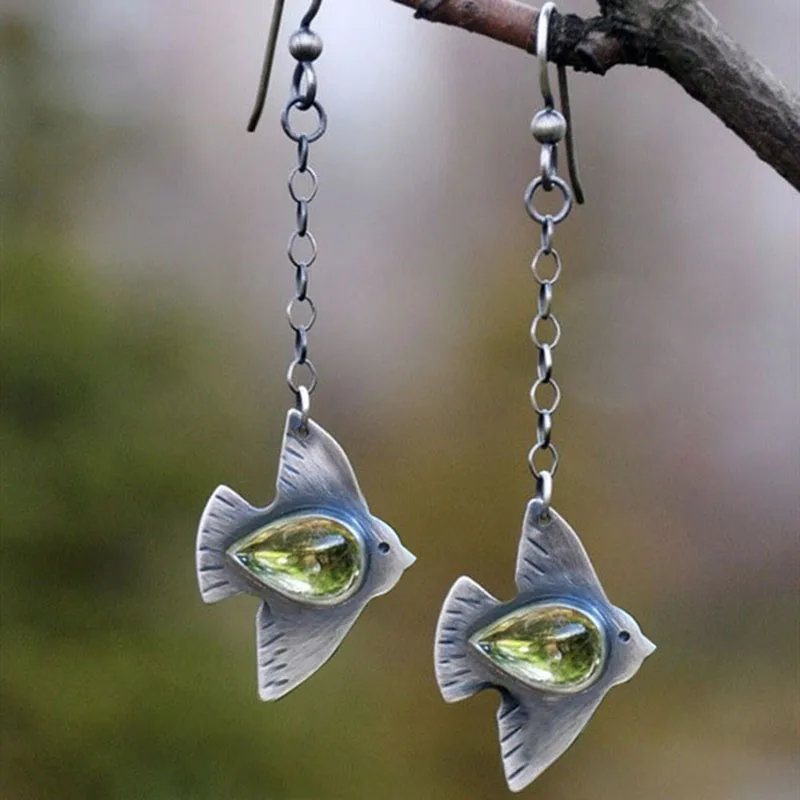 

Retro Purple Teardrop Stone Earrings Cute Flying Swallow Birds Jewelry Resin Moonstone Drop Earring For Women Girl