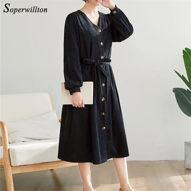 Вельветовое женское платье повседневные зимние платья с v-образным вырезом и