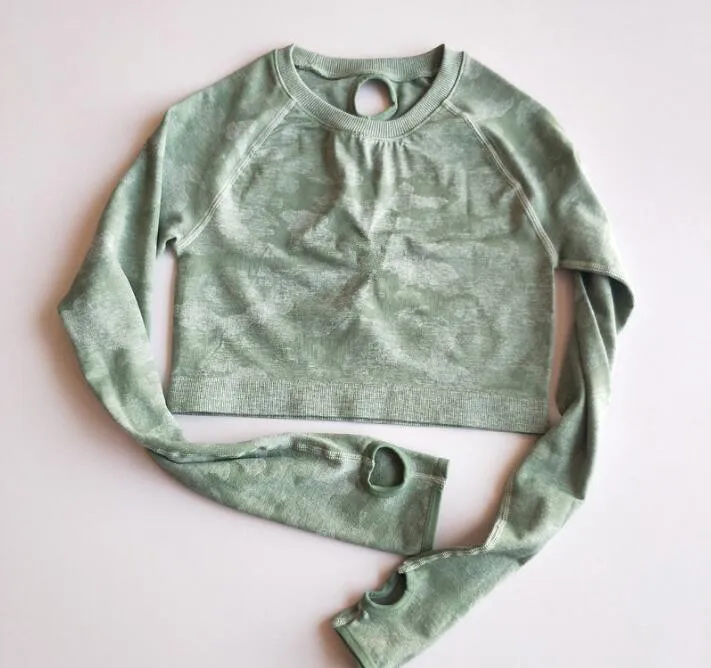 CB1094 green top Зимний укороченный Топ с длинным рукавом, камуфляжный комплект для йоги, спортивная одежда для женщин, одежда для спортзала, фитнеса, Леггинсы для йоги+ спортивный бюстгальтер, спортивный костюм для женщин - Цвет: CB1094 green top