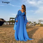 Простое синее шифоновое платье-трапеция Verngo для выпускного вечера на тонких бретельках с открытыми плечами и длинными рукавами с открытой спиной