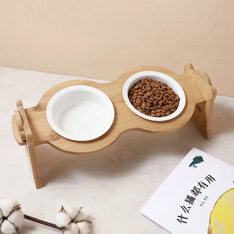 

Raised Pet Bowls For Cats And Dogs Adjustable Bamboo Elevated Dog Cat Food And Water Bowls Stand Feeder With 2 Ceramic Bowl1