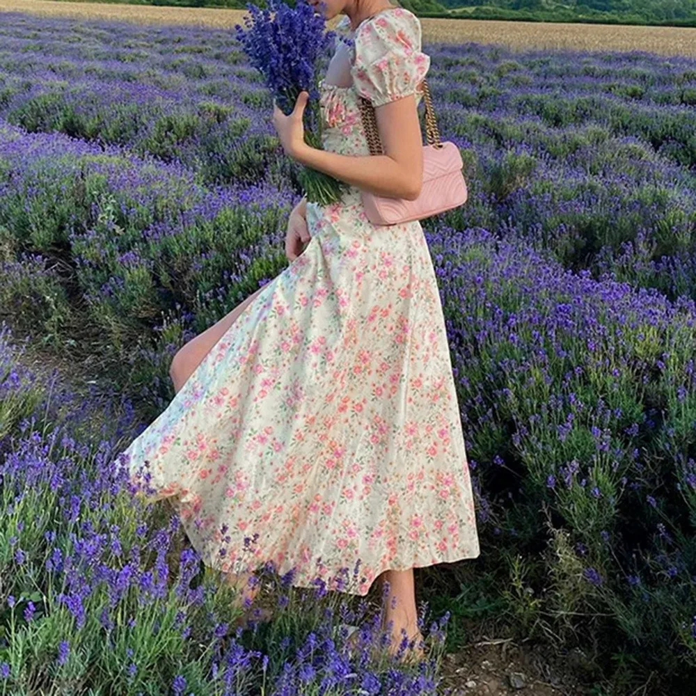 

Foridol Floral Print Summer Dress Women Boho Slit Maxi Long Dress Vintage Beach Dress Puff Sleeve A-line Blue Sundress 2021