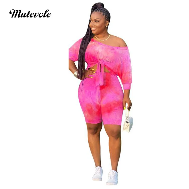 Mutevole Sexy Slash Neck Two Piece Party Set Women Casual Summer 2 Short Outfits Plus Size Bandage Crop Top Print 2pcs |
