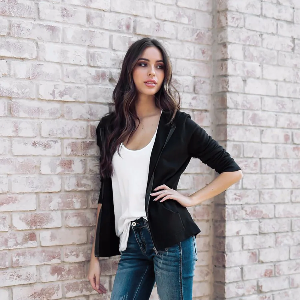 Женские свободные топы с длинным рукавом пальто капюшоном на молнии спереди